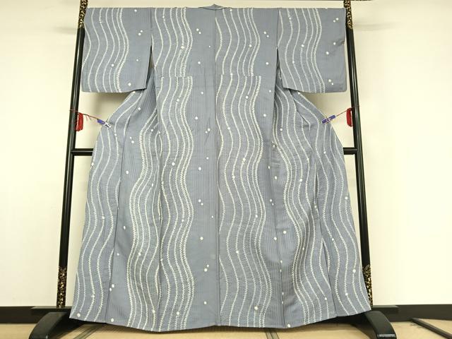 平和屋着物▽上質な小紋　単衣　絞り　よろけ縞　正絹　逸品　AABE8059jh 平和屋着物▽上質な小紋 単衣 絞り よろけ縞 正絹 逸品 AABE8059jh
