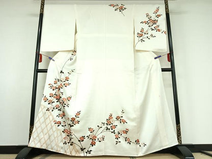 平和屋着物▽十日町老舗ブランド 吉澤友禅 吾妻徳穂 訪問着 単衣 刺繍 枝花文 正絹 逸品 AABE8066jh