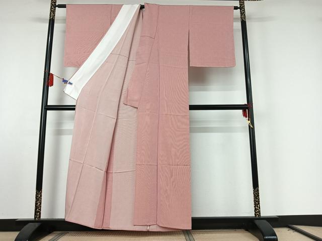 平和屋着物▽江戸小紋 単衣 万筋 珊瑚朱色×白色 正絹 逸品 AABE8069jh