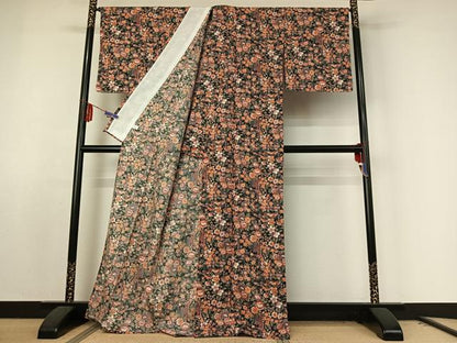 平和屋着物▽小紋 単衣 流水花文 黒地 洗える着物 AABE8074jh