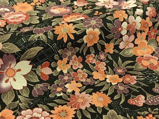 平和屋着物▽小紋 単衣 流水花文 黒地 洗える着物 AABE8074jh