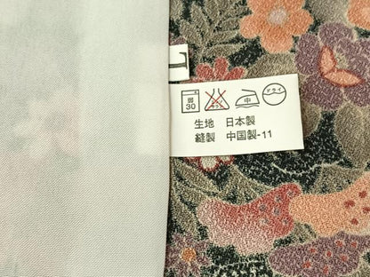 平和屋着物▽小紋 単衣 流水花文 黒地 洗える着物 AABE8074jh
