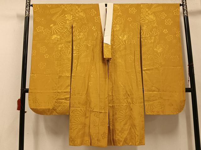 平和屋着物●振袖用長襦袢　扇面花蝶地紋　色無地　山吹茶色　やまと誂製　正絹　逸品　AABE8136ph