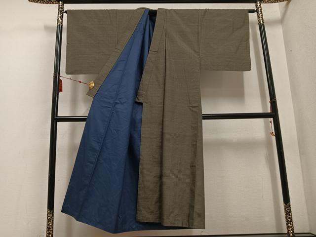 平和屋着物●男性　紬　アンサンブル　80亀甲　正絹　逸品　AABE8139ph