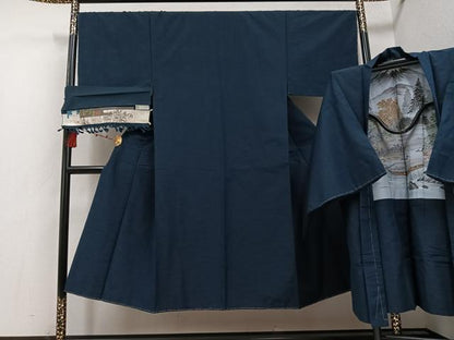 平和屋着物●男性　ほづま紬　アンサンブル　色無地　反端付き　正絹　逸品　未使用　AABE8141ph