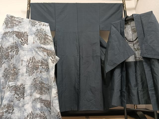 平和屋着物●男性　本場村山大島紬　アンサンブル　長襦袢(袷)セット　亀甲柄　正絹　逸品　AABE8142ph 平和屋着物○男性 本場村山大島紬 アンサンブル 長襦袢(袷)セット 亀甲