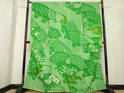 平和屋着物●豪華振袖　総絞り　駒刺繍　扇面花文　金彩　正絹　逸品　AABE8176ck