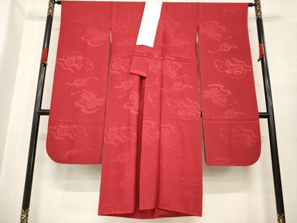 平和屋着物●振袖用長襦袢　袷　貝桶花地紋　朱・緋色　広衿仕立て　正絹　逸品　AABE8199ck