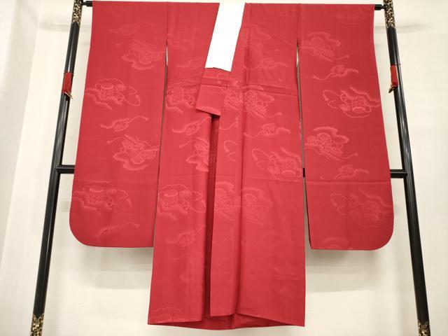 平和屋着物●振袖用長襦袢　袷　貝桶花地紋　朱・緋色　広衿仕立て　正絹　逸品　AABE8199ck