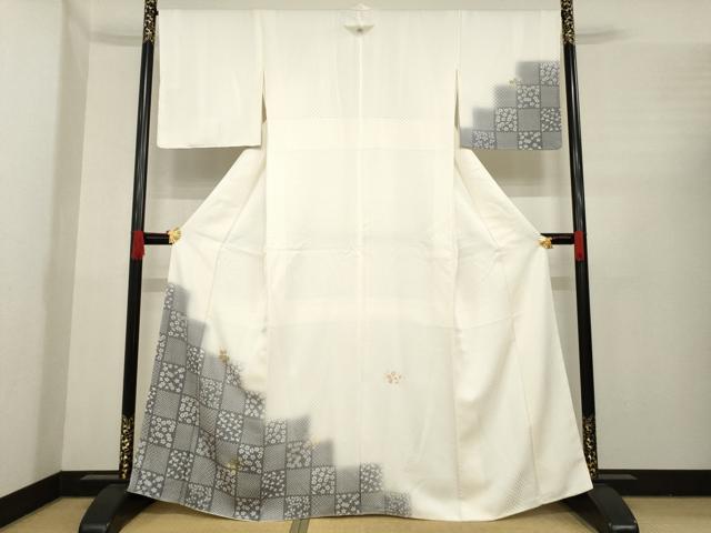 平和屋着物●訪問着　刺繍　市松草花文　丹後ちりめん　金彩　反端付き　正絹　逸品　未使用　AABE8202ck 平和屋着物○訪問着 刺繍 市松草花文 丹後ちりめん 金彩 反端付き