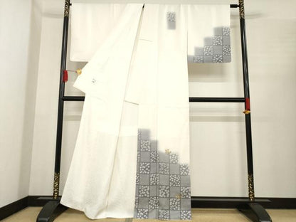 平和屋着物●訪問着　刺繍　市松草花文　丹後ちりめん　金彩　反端付き　正絹　逸品　未使用　AABE8202ck