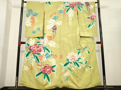 平和屋着物●アンティーク　大正ロマン　訪問着　刺繍　草花文　金彩　正絹　逸品　AABE8203ck