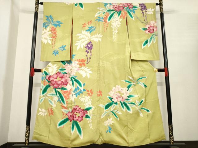 平和屋着物●アンティーク　大正ロマン　訪問着　刺繍　草花文　金彩　正絹　逸品　AABE8203ck