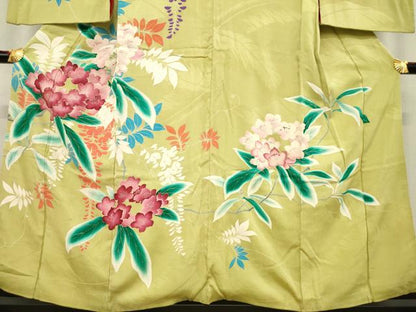 平和屋着物●アンティーク　大正ロマン　訪問着　刺繍　草花文　金彩　正絹　逸品　AABE8203ck