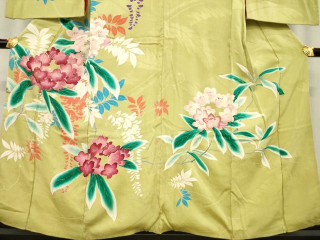 平和屋着物●アンティーク　大正ロマン　訪問着　刺繍　草花文　金彩　正絹　逸品　AABE8203ck