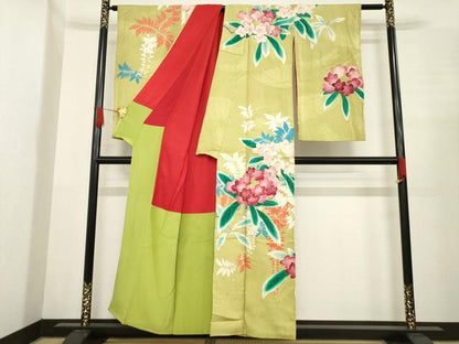 平和屋着物●アンティーク　大正ロマン　訪問着　刺繍　草花文　金彩　正絹　逸品　AABE8203ck
