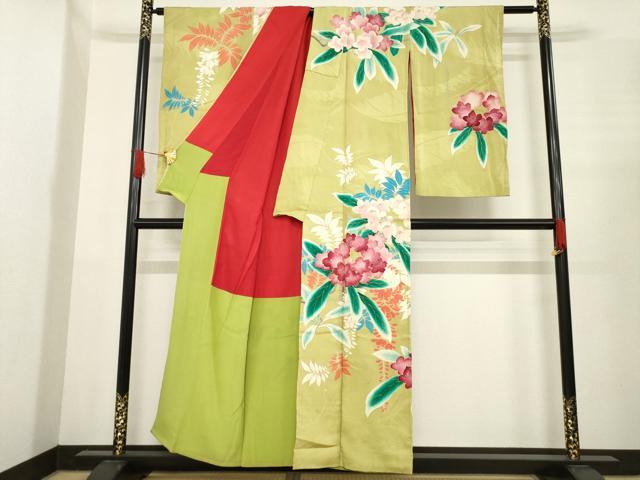 平和屋着物●アンティーク　大正ロマン　訪問着　刺繍　草花文　金彩　正絹　逸品　AABE8203ck