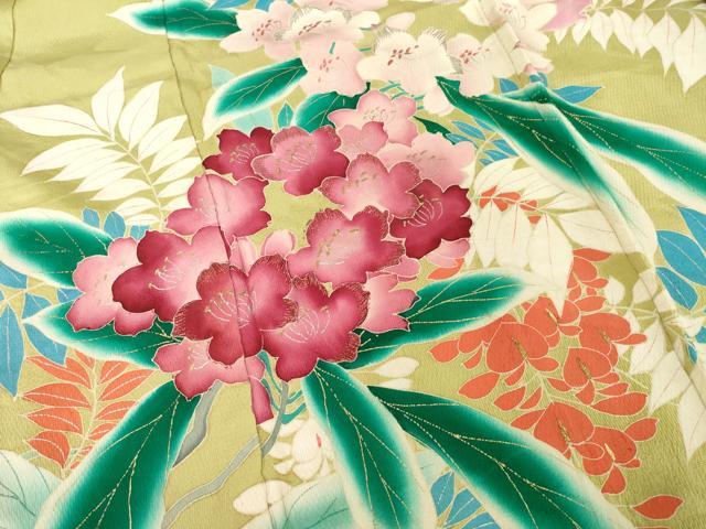 平和屋着物●アンティーク　大正ロマン　訪問着　刺繍　草花文　金彩　正絹　逸品　AABE8203ck