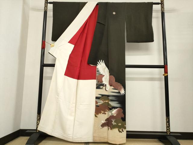 平和屋着物●アンティーク　大正ロマン　黒留袖　飛鶴御所車松文　暈し染め　金彩　正絹　逸品　AABE8204ck 平和屋着物○アンティーク 大正ロマン 黒留袖 飛鶴御所車松文 暈し染め