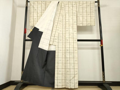 平和屋着物●上質な紬　琉球絣文様　格子　正絹　逸品　AABE8212ck