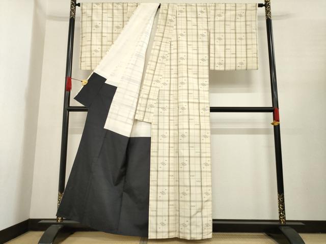 平和屋着物●上質な紬　琉球絣文様　格子　正絹　逸品　AABE8212ck