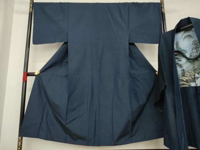 平和屋着物○男性 紬 アンサンブル 色無地 青褐色 正絹 逸品 未使用