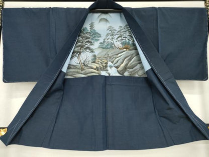 平和屋着物●男性　紬　アンサンブル　色無地　青褐色　正絹　逸品　未使用　AABE8216ck