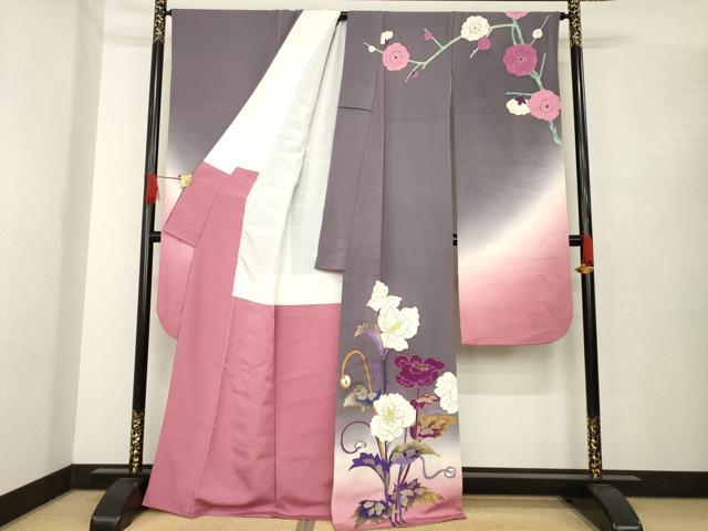 平和屋着物●豪華振袖　草花文　暈し染め　金彩　正絹　逸品　AABE8218ck