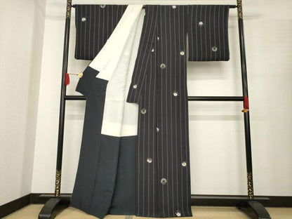 平和屋着物●上質な小紋　花丸文　黒地　金彩　正絹　逸品　AABE8224ck