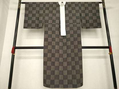 平和屋着物●長襦袢　無双仕立て　市松文　黒地　正絹　逸品　AABE8227ck