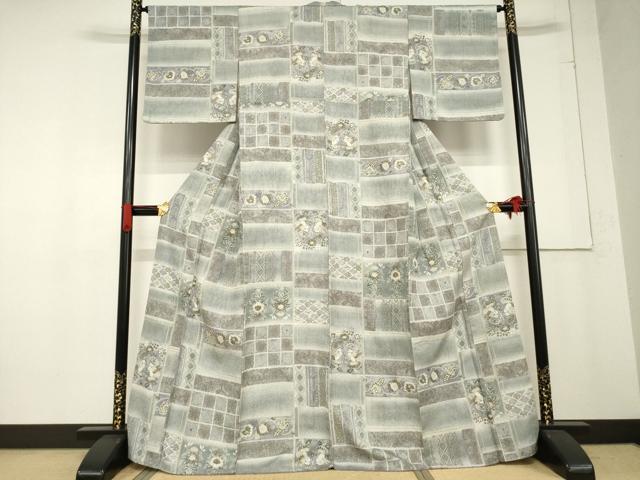 平和屋着物●上質な小紋 更紗花鳥文 ふくれ織 正絹 逸品 AABE8233ck