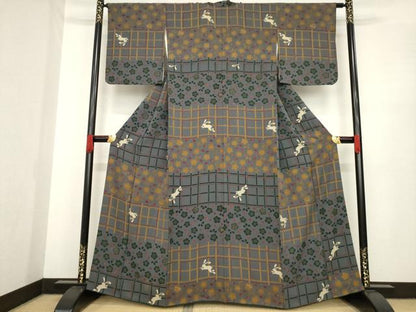 平和屋着物●ファッションブランド　hiromichi nakano　ヒロミチナカノ　小紋　横段格子花文　兎　うさぎ　金彩　正絹　逸品　AABE8235ck