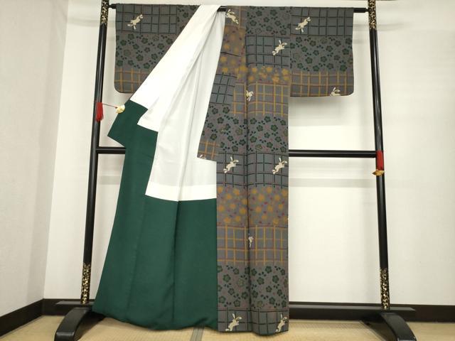 平和屋着物●ファッションブランド　hiromichi nakano　ヒロミチナカノ　小紋　横段格子花文　兎　うさぎ　金彩　正絹　逸品　AABE8235ck 平和屋着物○ファッションブランド hiromichi nakano ヒロミチナカノ