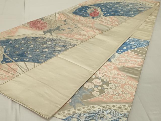平和屋着物◎六通柄袋帯 唐織 孔雀花文 銀糸 正絹 逸品 AABE8277ou