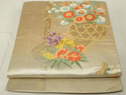 平和屋着物◎六通柄袋帯 唐織 花籠文 金糸 正絹 逸品 AABE8279ou
