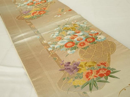 平和屋着物◎六通柄袋帯 唐織 花籠文 金糸 正絹 逸品 AABE8279ou