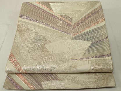 平和屋着物◎六通柄袋帯 舞扇文 銀糸 正絹 逸品 AABE8280ou