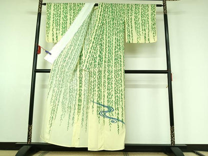 平和屋着物▽訪問着 単衣 流水草葉文 洗える着物 AABE8323jh