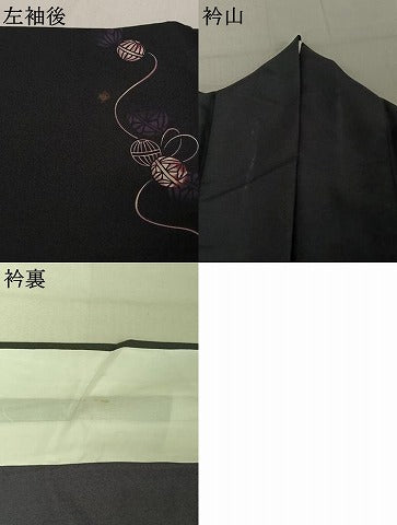 平和屋着物▽小紋 単衣 鞠文 黒地 洗える着物 AABE8326jh