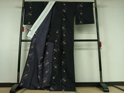 平和屋着物▽小紋 単衣 鞠文 黒地 洗える着物 AABE8326jh