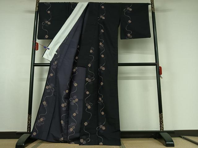 平和屋着物▽小紋 単衣 鞠文 黒地 洗える着物 AABE8326jh
