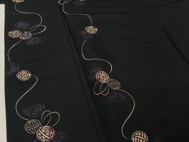 平和屋着物▽小紋 単衣 鞠文 黒地 洗える着物 AABE8326jh