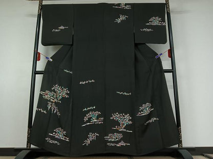 平和屋着物▽訪問着　単衣　風景文　黒地　正絹　逸品　AABE8330jh