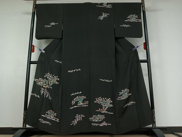 平和屋着物▽訪問着　単衣　風景文　黒地　正絹　逸品　AABE8330jh