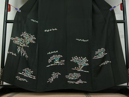 平和屋着物▽訪問着　単衣　風景文　黒地　正絹　逸品　AABE8330jh