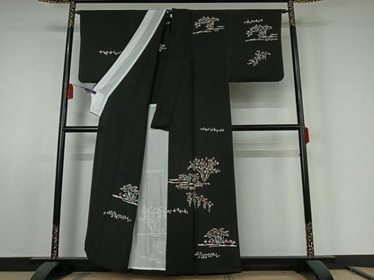 平和屋着物▽訪問着　単衣　風景文　黒地　正絹　逸品　AABE8330jh