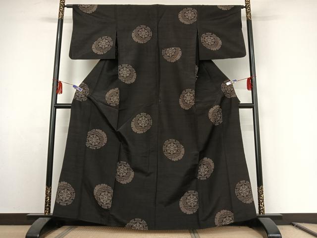 平和屋着物▽上質な紬 単衣 雪輪花文 正絹 逸品 AABE8338jh