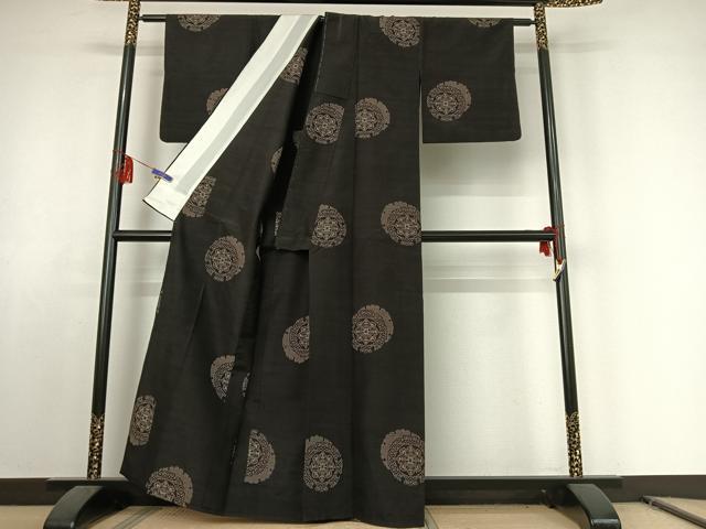 平和屋着物▽上質な紬 単衣 雪輪花文 正絹 逸品 AABE8338jh