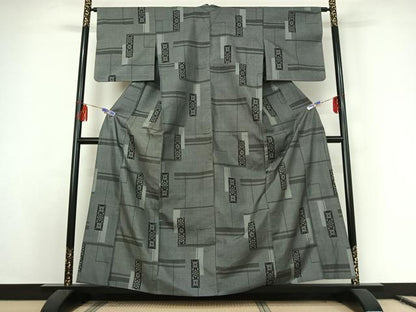 平和屋着物▽上質な紬　単衣　短冊花文　正絹　逸品　AABE8340jh