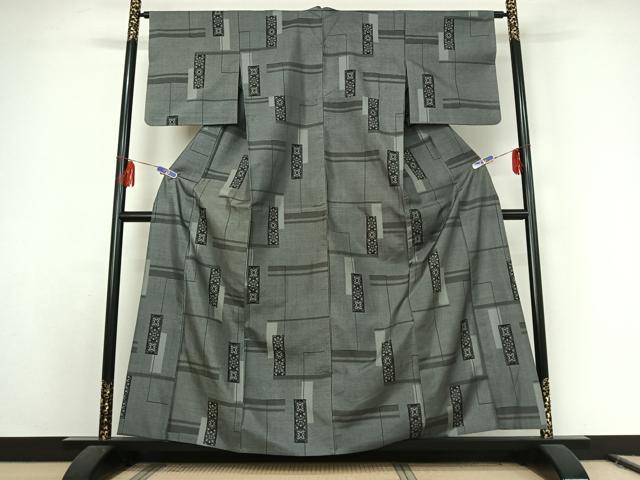 平和屋着物▽上質な紬　単衣　短冊花文　正絹　逸品　AABE8340jh